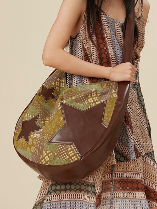 Print Leather Splice Large Capacity Shoulder Bag-1