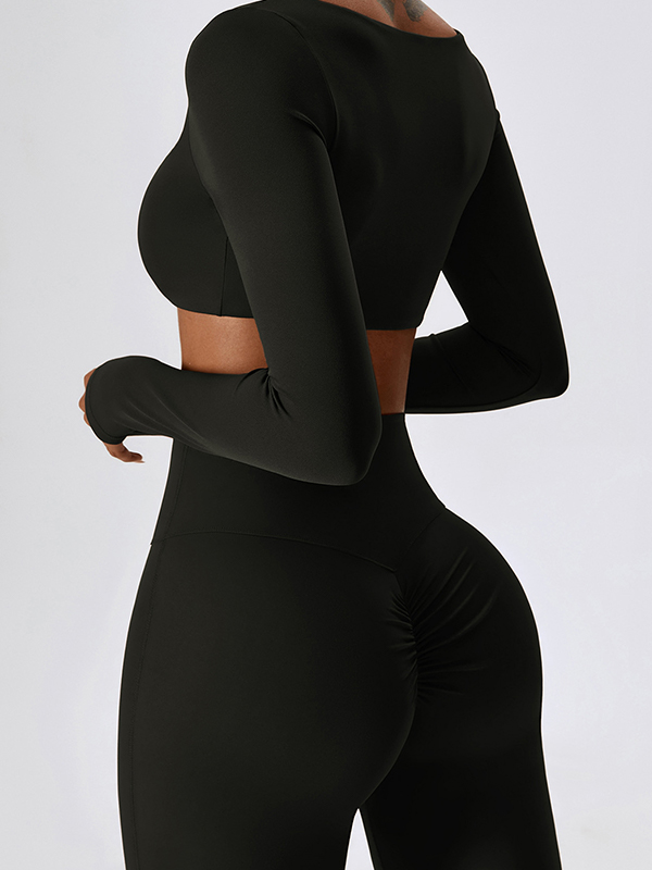 Solid Quick Dry Square Neck Cropped Active Top&Pants Set-4