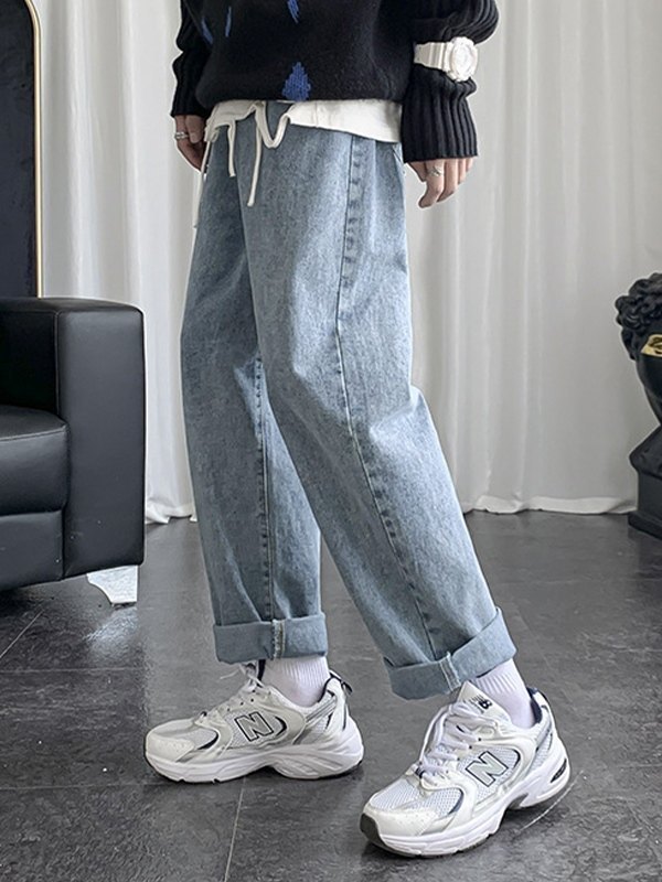 Men's Blue Wash Basic Loose Jeans-2