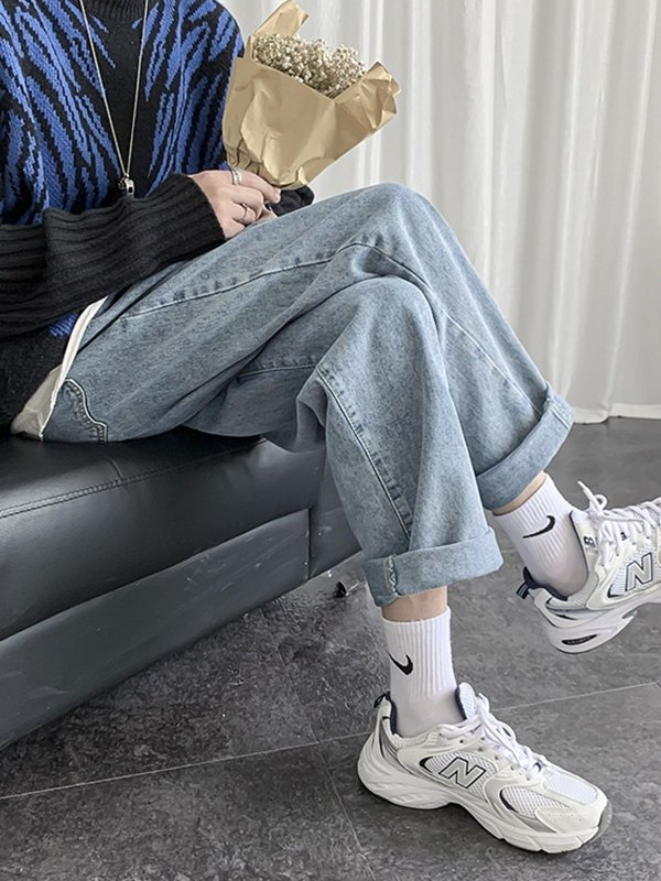 Men's Blue Wash Basic Loose Jeans-3