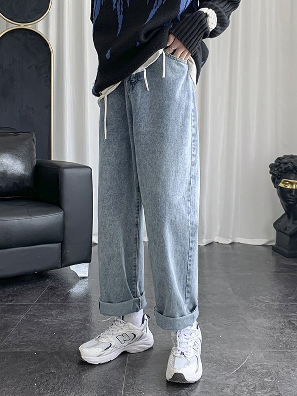 Men's Blue Wash Basic Loose Jeans-1