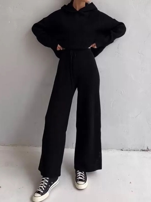 Solid Oversized Hoodie&Drawstring Wide Leg Pants Set-2