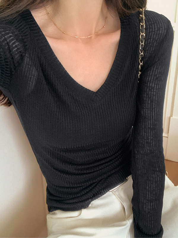 Ribbed V Neck Slim Long Sleeve Knit-4