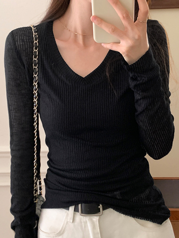 Ribbed V Neck Slim Long Sleeve Knit-1