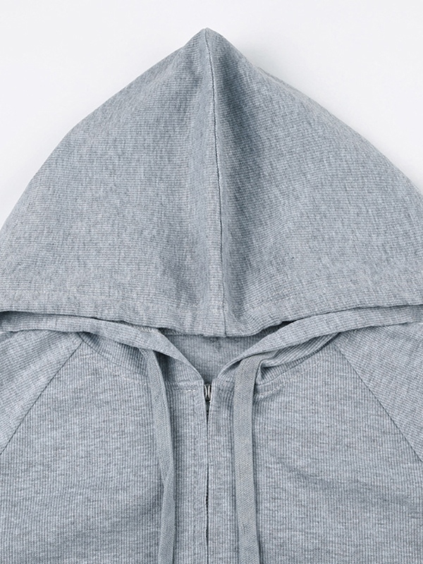 Solid Ribbed Zip Up Drawstring Hooded Long Sleeve Knit-4