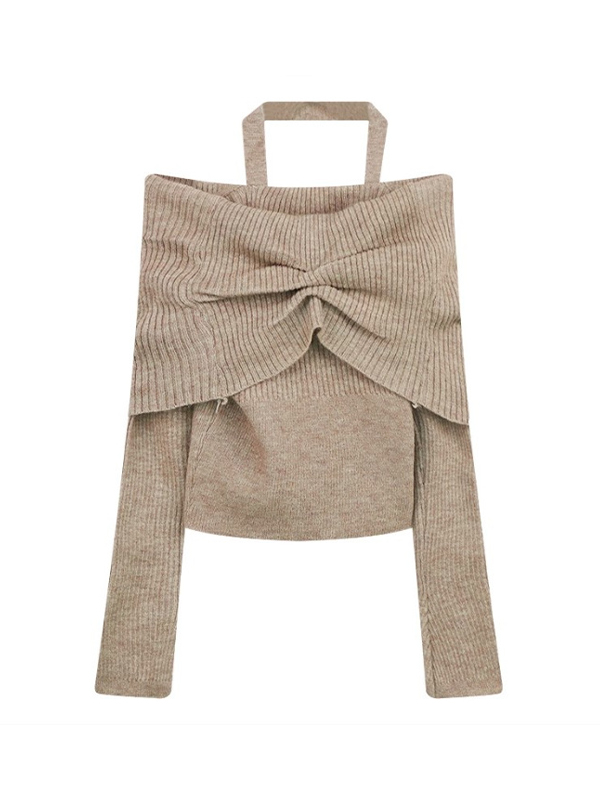Solid Halter Ruched Cold Shoulder Sweater-6